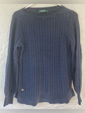 Lauren Ralph Lauren chunky navy blue cable knit pullover crewneck sweater;  L